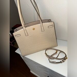 Tory Burch Purse Walker Embossed Satchel Shoulder Bag - Beige/Champagne/Cream